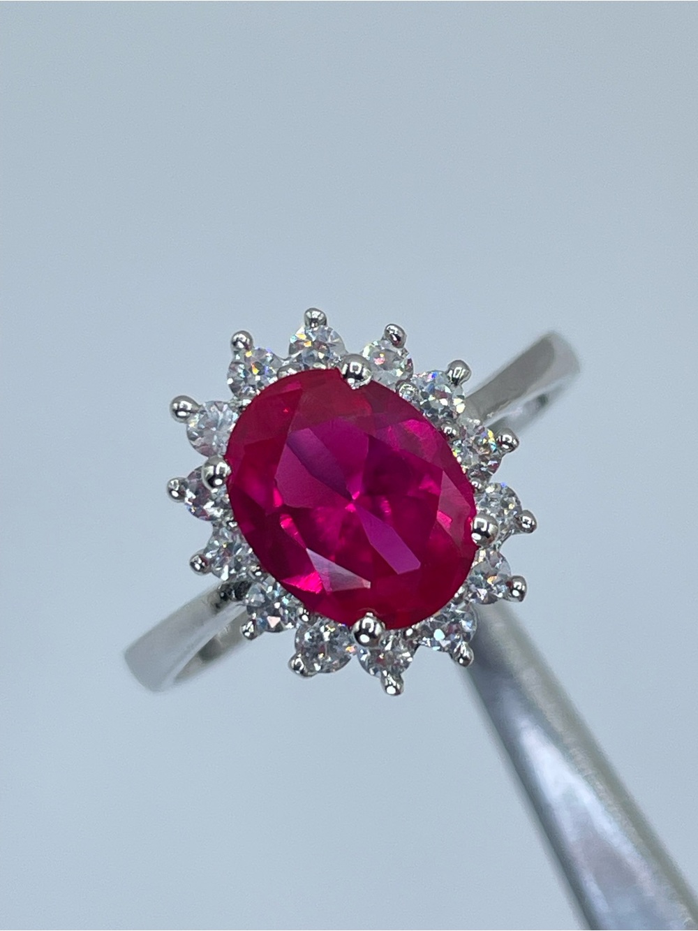 Stunning Stauer 925 Sterling Silver Ruby Oval Halo Ring Size 8 - Picture 9 of 12